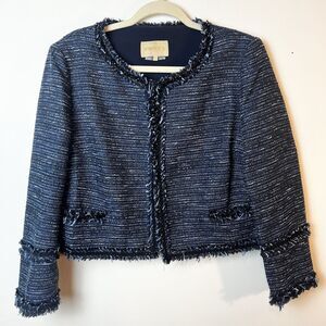 Ports Navy Blue Tweed Cropped Blazer Jacket Beaded Fringe Women’s 10